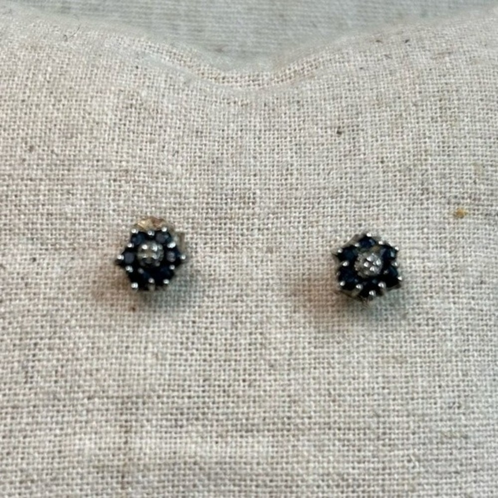Sterling silver, blue sapphires and center diamond flower design earrings